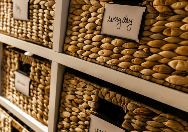 Woven baskets with labels